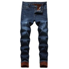 Pantalones de mezclilla para hombre de invierno forrados de lana estilo vintage elásticos ajustados