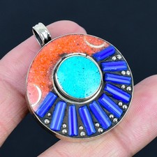 Colgante Nepalí Turquesa Coral Lapislázuli Hecho a Mano Plata de Ley 925 1.7" T0