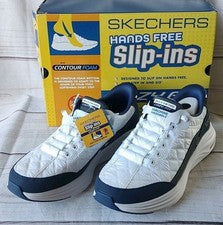 NWB SKECHERS Slip-ins ajuste acogedor blanco/azul marino lavable a máquina con cordones talla 10,5