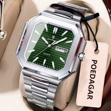 ✅ POEDAGAR Quadrat Uhr Grünes Zifferblatt Quartz Edelstahl Datum Luminous Neu ✅