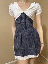 Vestido informal elástico cintura elástica cuello en V talla S blanco azul algodón para mujer