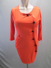 NUEVO CON ETIQUETAS Moda Talla S Mujer Naranja Cuello Redondo Botones Elastizado Bodycon Vestido 110