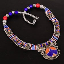 Collar Nepalí Tibetano Plata de Ley 925 Hecho a Mano Coral Lapislázuli 18" p546