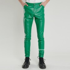 Pantalones de mezclilla de cuero sintético para hombre estilo 5 bolsillos moto verde pantalón ajustado ajustado
