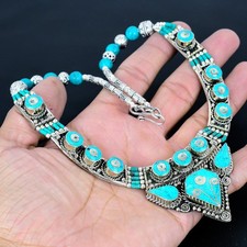 Collar Boho Nepalí Turquesa Tibetana Hecho a Mano Plata de Ley 925 18" PG 6960