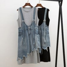LO ÚLTIMO Para mujeres Verano Informal Denim Tirantes Faldas Sin Mangas Largo Vestido de Dos Piezas