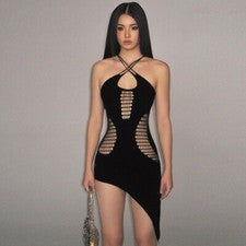 Mujer Moda Tendencia Elegante Sexy Vestido Halter Sin Espalda Ajustado Hueco Color Sólido