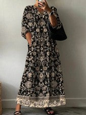 Vestido largo floral informal de moda con cuello en V para mujer
