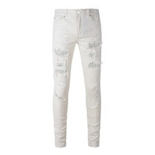 Pantalones de mezclilla rapeados retro ajustados elásticos de color liso de moda para hombre