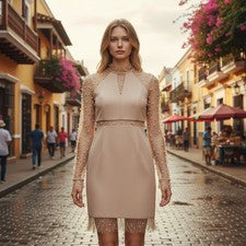 Vestido para mujer San Joy midi mangas cizalladas ribete perlas mediano NUEVO