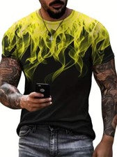 Camiseta Moda Negro Amarillo Llama Humo Moda Casual Hombres Camiseta Manga Corta
