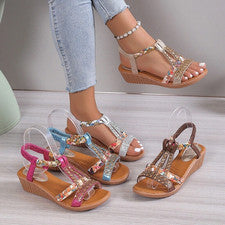 Sandalias cómodas con tiras elásticas de verano con dedos abiertos para mujer zapatos brillantes talla NUEVO