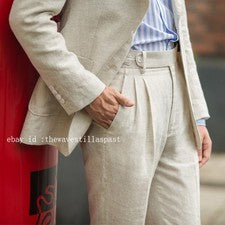 Hombres Algodón Lino Estilo Italiano Pantalones Verano Cintura Alta Pantalón Recto Pantalones