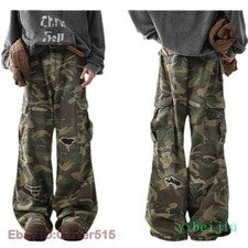 Pantalones Retro Alto Agujero Rasgado Camuflaje Hombres Mujeres Bolsillo Grande Informal Trabajo Sueltos
