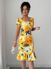 Vestido para mujer Elenzga de moda elegante romántico estampado floral cuello cuadrado