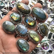 Lote de joyas de anillos de piedras preciosas de labradorita 100 % naturales enchapados en plata de ley 925