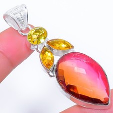 Turmalina bicolor, piedras preciosas de citrino 925 colgante de joyería de pl...