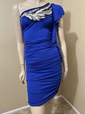 Vestido para mujer azul rayón fiesta verano abierto asimétrico elástico ajustado con cuentas talla M