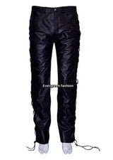 Pantalones de cuero para hombre Pantalón de motociclista Negro Fuerte Cuero de vaca Pantalón con cordones