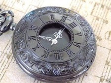 Antiguo Reloj Bolsillo Medio Cazador Cuarzo Negro Cadena Cuello, ¡En Caja de Regalo!