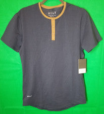 Camisa corta BYLT para hombre corte caído Lux Henley azul marino/marrón ribete para hombre talla pequeña nueva con etiqu