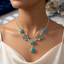 Collar Turquesa Natural Plata de Ley 925 Mariposa Mujer Joyería S-18"