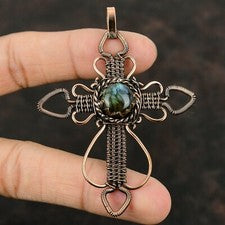 Colgante Cruz Envuelto en Alambre Labradorita Hecho a Mano Cobre Étnico Regalo 3.19"