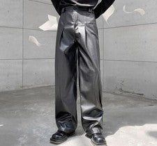 Pantalones sueltos de cuero sintético cintura imperio negros góticos punk de moda para hombre