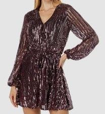 $159 Mini Vestido Bardot Para Mujer Rosa Lentejuelas Rayas Manga Larga Imitación Talla 8/US 4