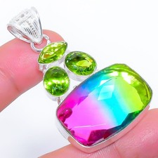 Cuarzo tricolor, piedras preciosas de peridoto 925 colgante de joyería de...