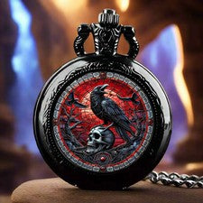 Reloj Bolsillo Cuervo Negro De Pie Sobre Calavera Estilo Gótico Cuarzo Cadena Cazador Completa
