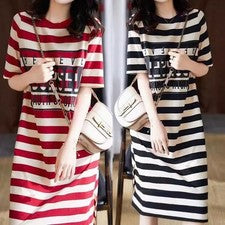 Vestido cuello redondo manga corta rayas para mujer poliéster ocio