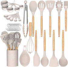 Juego utensilios cocina 33Pzs silicona antiadherente con mango madera y soporte