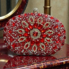 Bolso sin asas Ramla hecho a mano rojo rubí y estrás incrustado para mujer ~ ¡Nuevo!