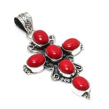 Colgante cruz joyería plata esterlina 925 hecha a mano con piedras preciosas de coral rojo para mujer