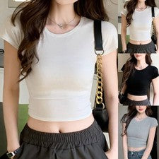 Mujer Verano Moda Solides Slim Camiseta Crop Top con Diseño Manga Corta
