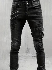 Nuevos Pantalones de mezclilla elásticos estilo callejero informales rasgados calce ajustado, para hombre