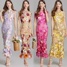 Vestido de noche de sirena paquete de cadera bordado flores 3D de malla de moda para mujer