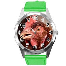 Reloj redondo de cuero verde para fans del pollo