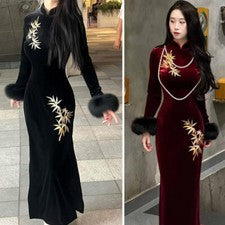Vestido de noche para mujer retro de moda manga de piel sintética bordado de bambú nuevo