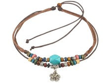Collar Gargantilla Cordón Cáñamo Boho con Cuentas Turquesa y Colgante Flor Plata, Anuncio