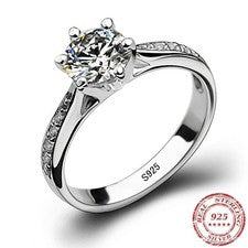 Anillo clásico de plata de ley 925 de lujo para mujer joyería de seis garras simple 70 quilates D