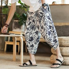 Pantalones informales sueltos hasta la pantorrilla para hombre de pierna ancha de algodón y lino con estampado