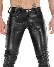 Pantalones de mezclilla de motociclista para hombre negros reales de cuero suave elegantes y sexy estilo 501