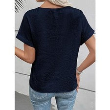 Blusa informal para mujer con cuello en V en tela de poliéster en tono liso con borde de encaje