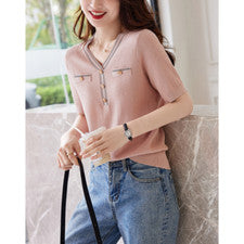 Top tejido con botones de metal microelástico manga media cuello en V elegante de moda para mujer