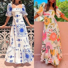 Primavera Para Mujer Moda Vestido Estampado de Una Longitud Burbuja Mangas Cortas Suave y Genial