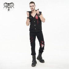 Pantalones Largos Devil Moda Hombres Negros y Rojos Góticos Punk Rasgados Calce Ajustado
