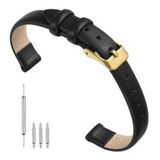 Correa de cuero genuino negro de 10 mm de ancho, correa de reloj plana delgada hebilla dorada