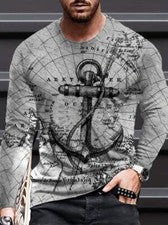 Camiseta Hombre Gris Ancla Náutica Marinero Gráfico Moda Ropa Calle Manga Larga